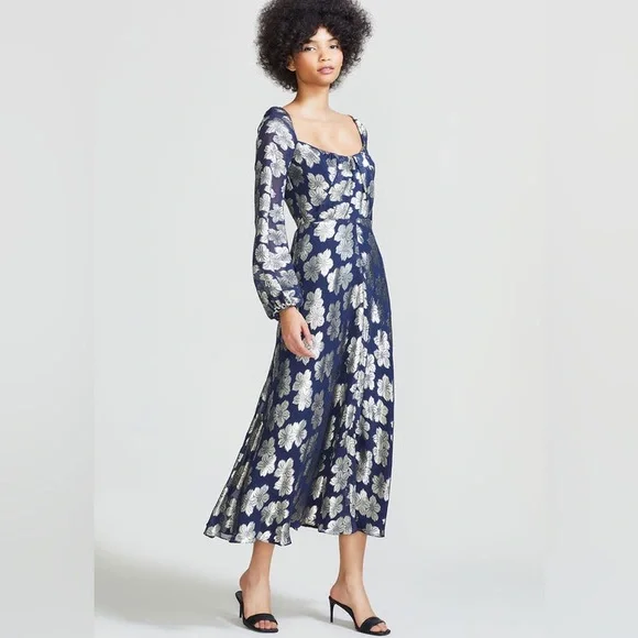 Lela Rose | Dresses | Lela Rose Floral Metallic Jacquard Open Neck Midi  Dress Us6 | Poshmark